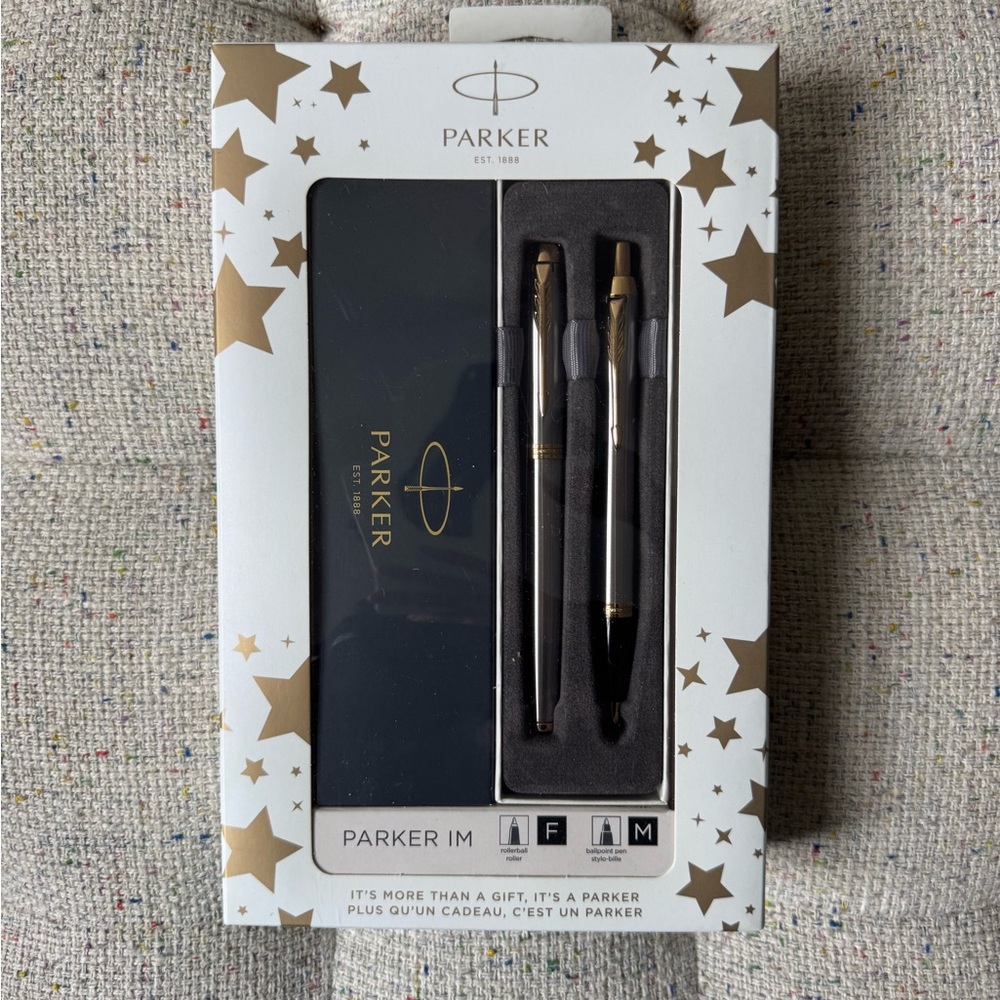 Parker IM Ballpoint & Rollerball Duo Gift Set Brushed Metal with Gold Trim